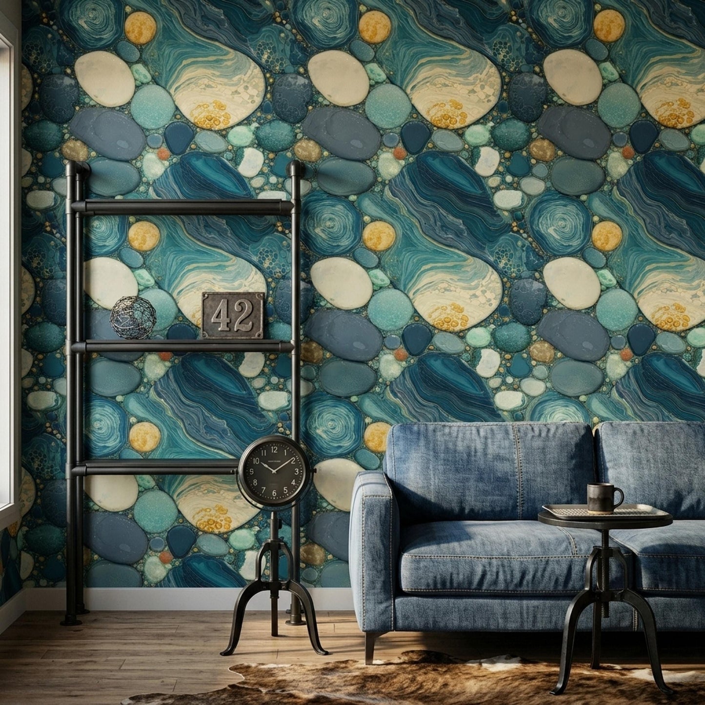 Blue Agate Wallpaper Coastal Geode Stone Pattern Luxury Ocean Inspired Decor