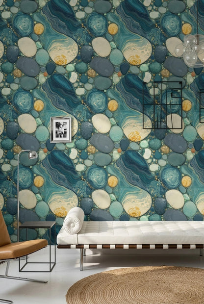 Blue Agate Wallpaper Coastal Geode Stone Pattern Luxury Ocean Inspired Decor