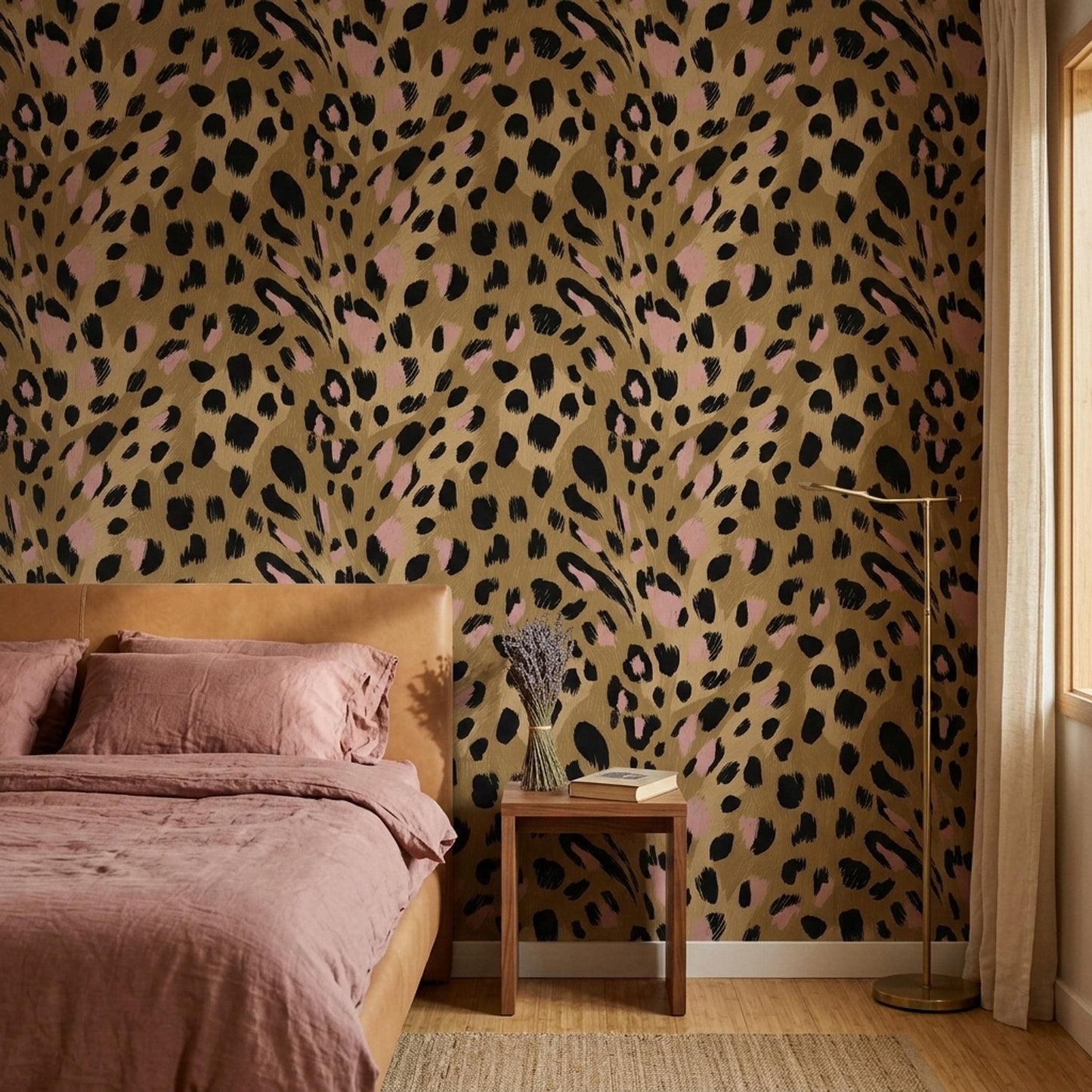Blush Leopard Print Wallpaper Chic Animal Pattern Pink Beige Glam Accent Wall Decor