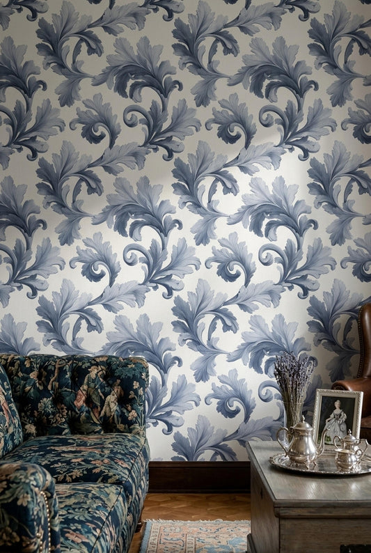 Blue Acanthus Leaf Wallpaper French Country Baroque Botanical Vintage Wall Decor