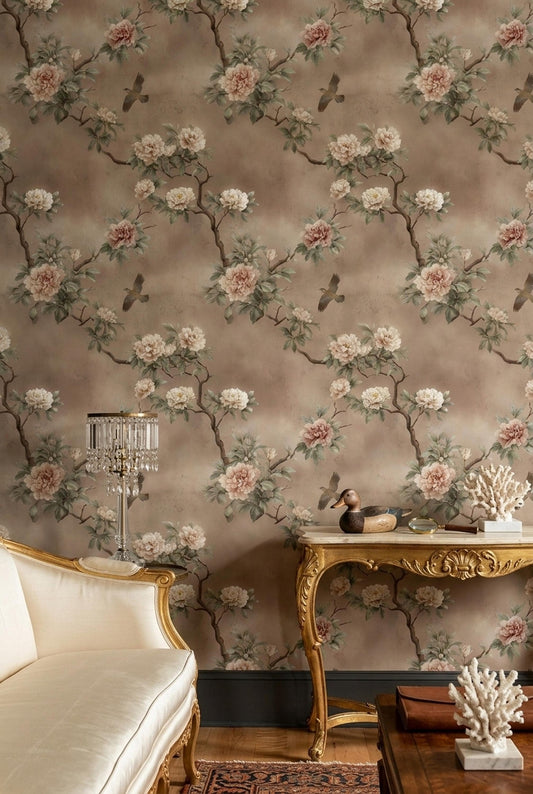 Vintage Chinoiserie Peony Wallpaper Neutral Floral Bird Wallpaper French Country Wall Decor