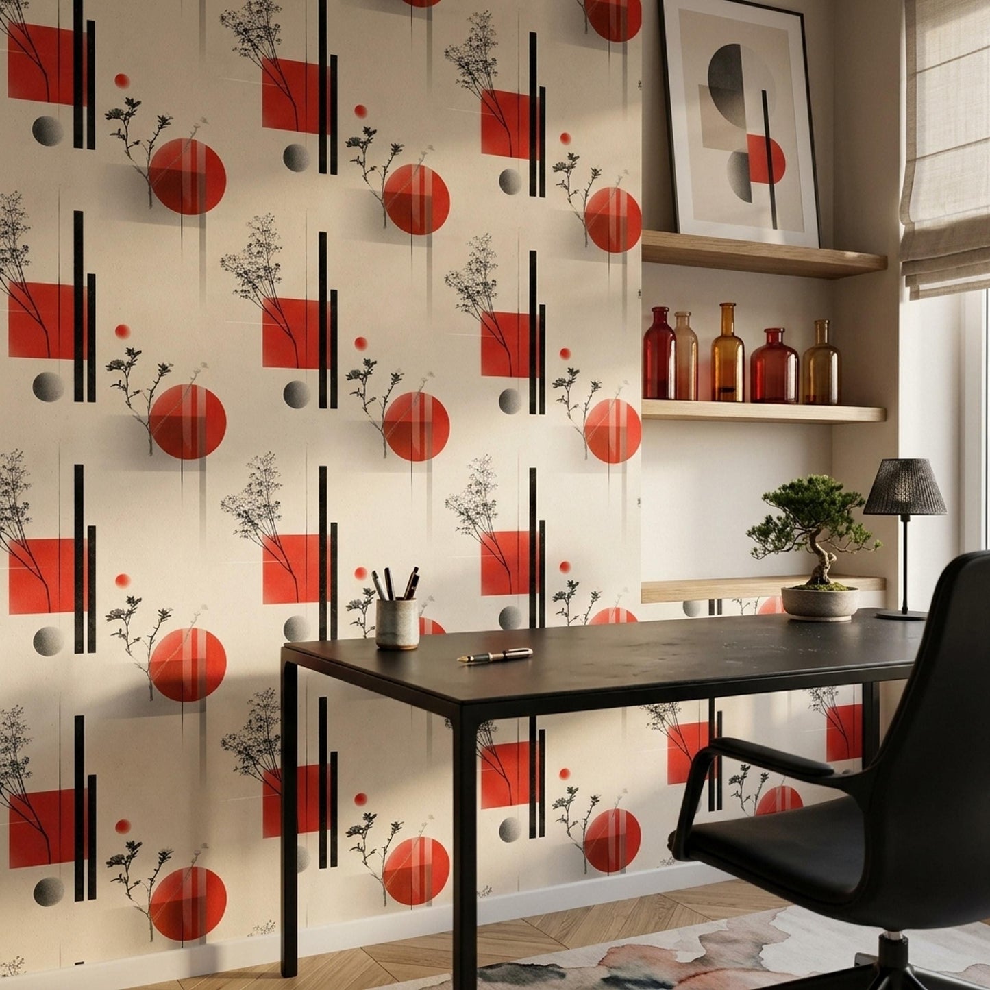 Japandi Abstract Wallpaper Mid Century Modern Wallpaper Geometric Botanical Wall Decor