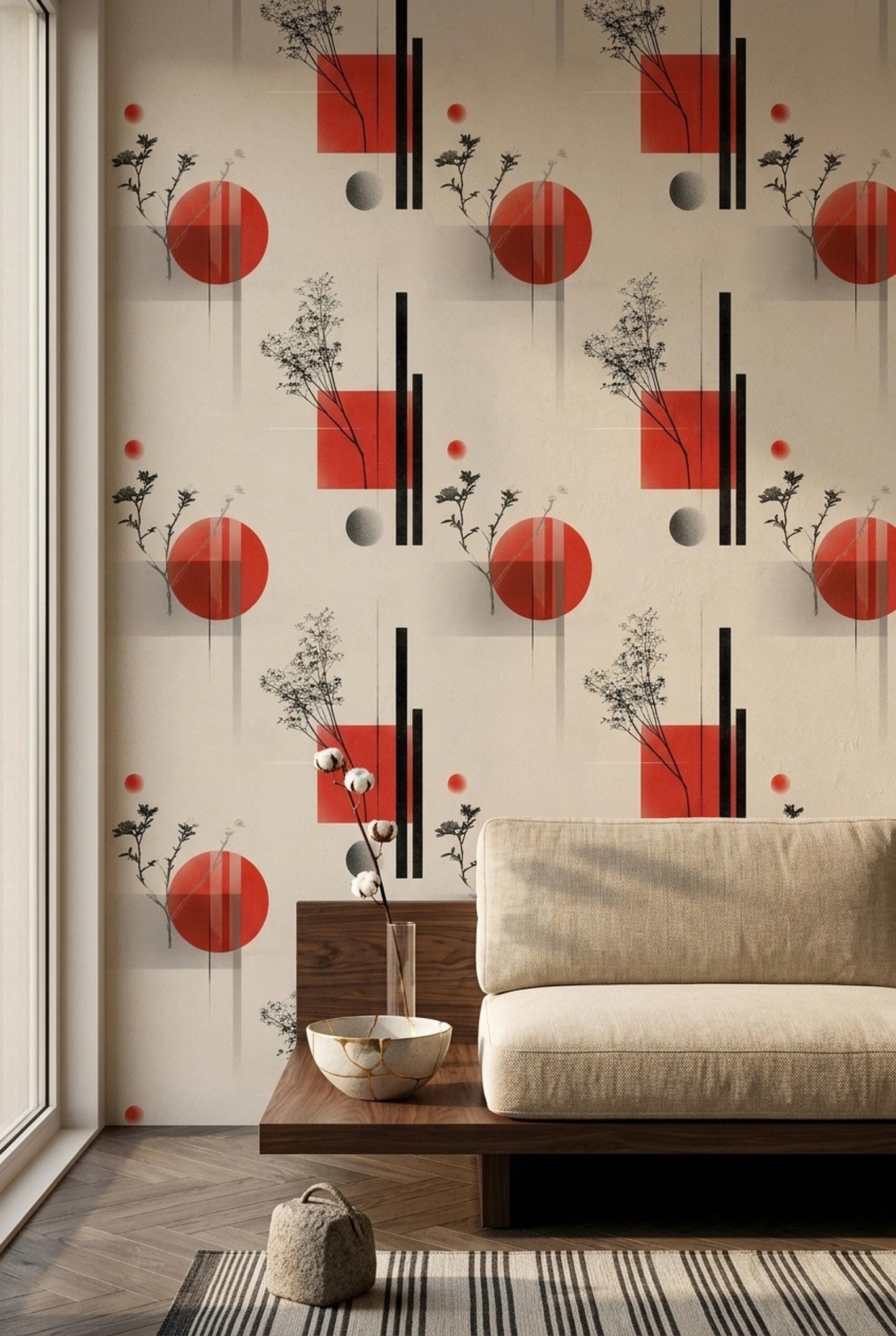 Japandi Abstract Wallpaper Mid Century Modern Wallpaper Geometric Botanical Wall Decor