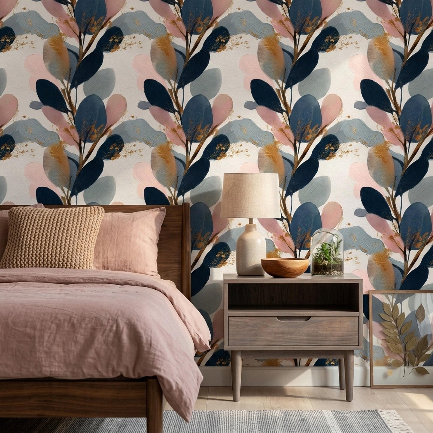 Abstract Botanical Wall Decor Modern Leaf Pattern Navy Blush Japandi Statement Design