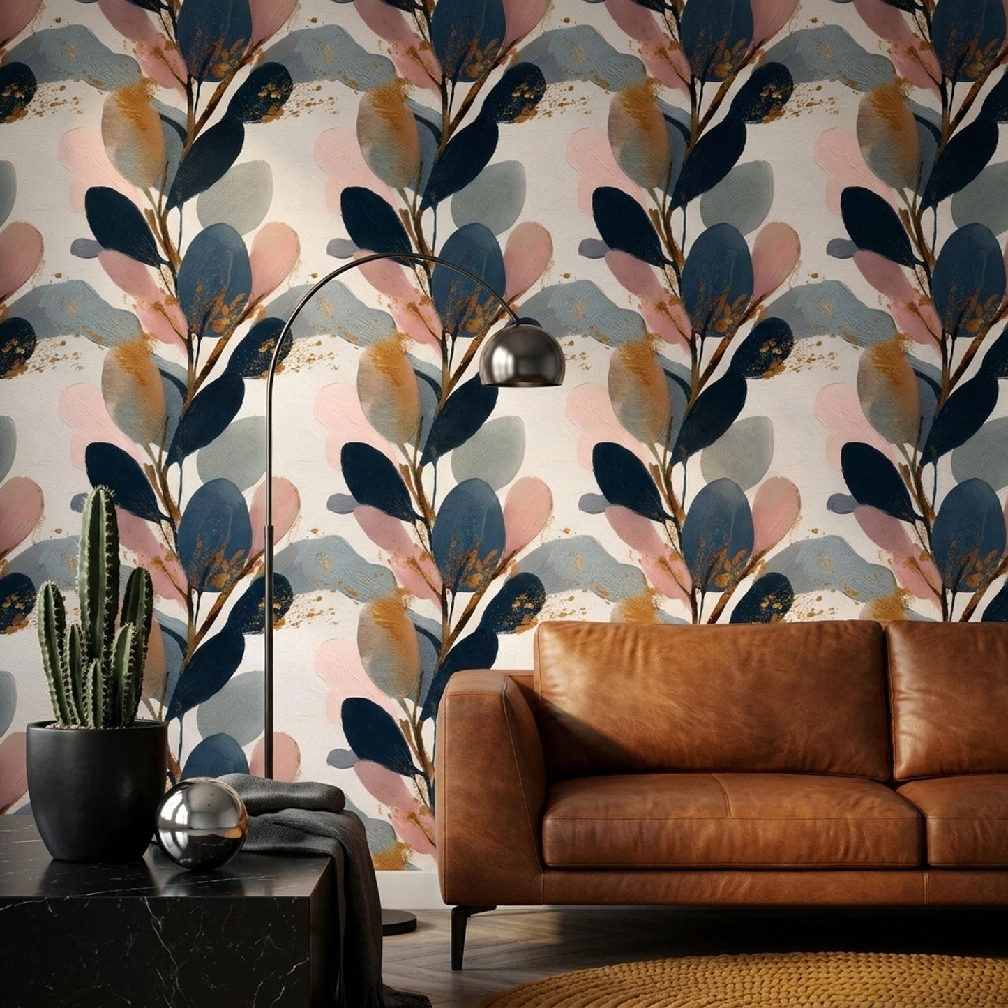 Abstract Botanical Wall Decor Modern Leaf Pattern Navy Blush Japandi Statement Design