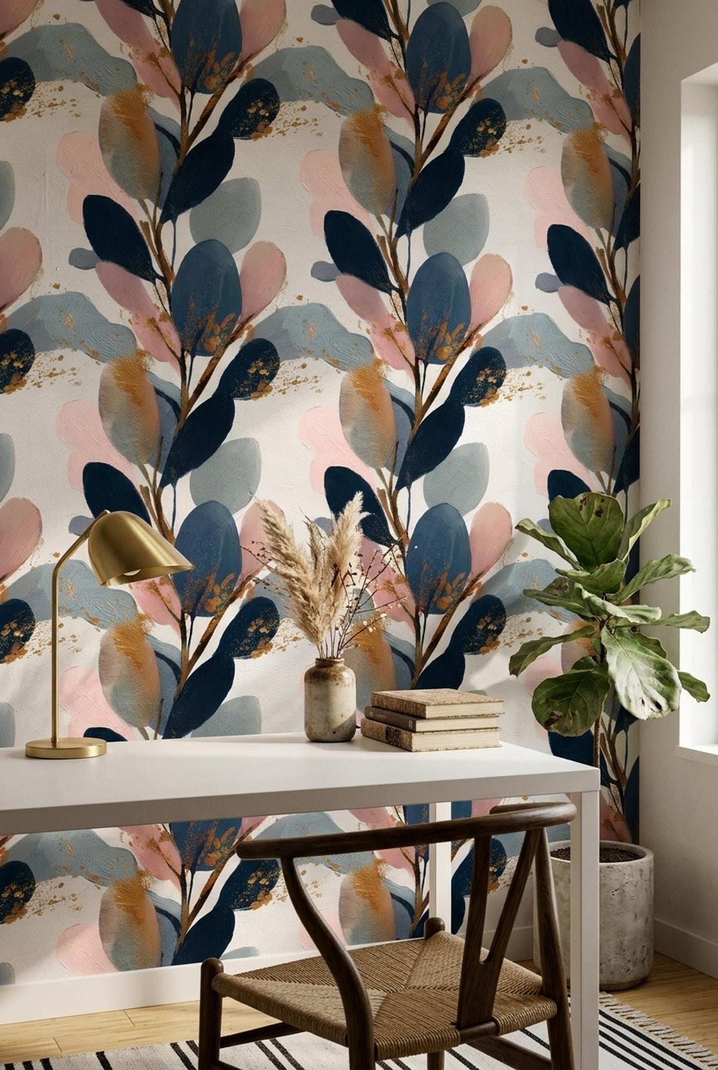 Abstract Botanical Wall Decor Modern Leaf Pattern Navy Blush Japandi Statement Design
