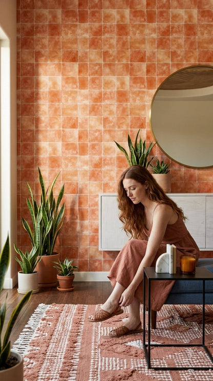 Terracotta Tile Wallpaper Mediterranean Spanish Inspired Ceramic Pattern Rustic Wall Decor