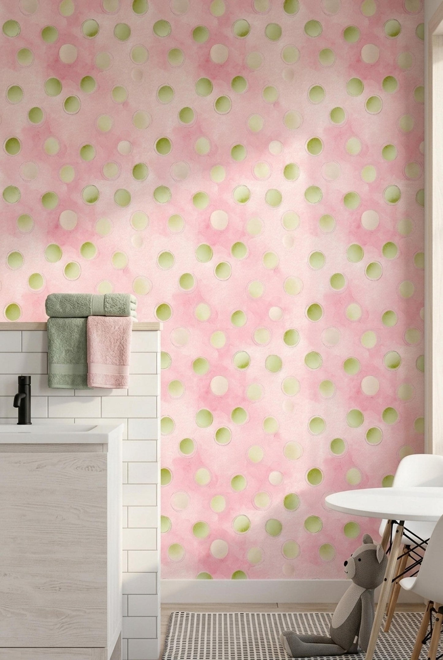 Scandinavian Watercolor Polka Dot Wallpaper Pastel Nursery Pink Wall Decor