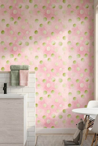 Scandinavian Watercolor Polka Dot Wallpaper Pastel Nursery Pink Wall Decor