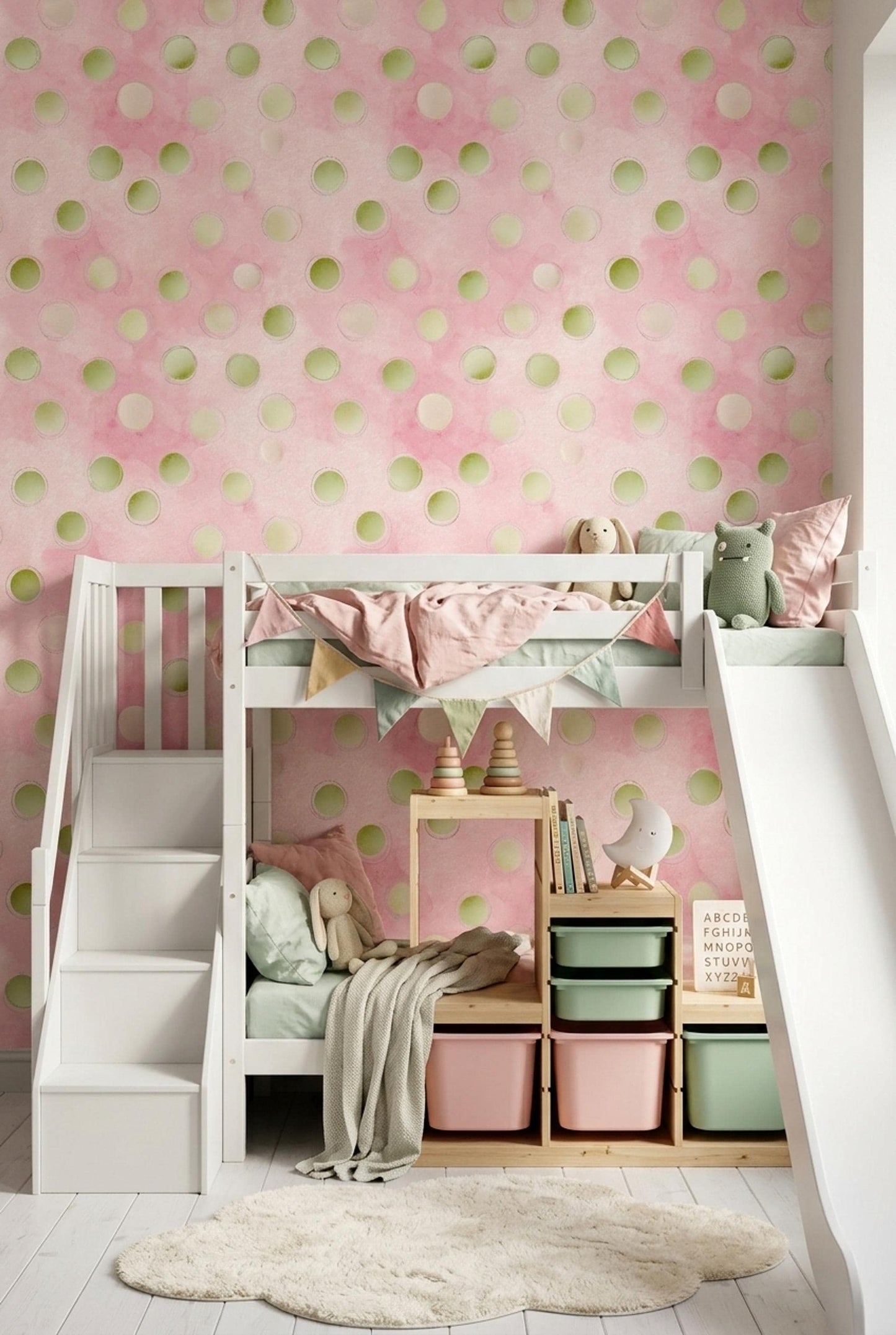 Scandinavian Watercolor Polka Dot Wallpaper Pastel Nursery Pink Wall Decor