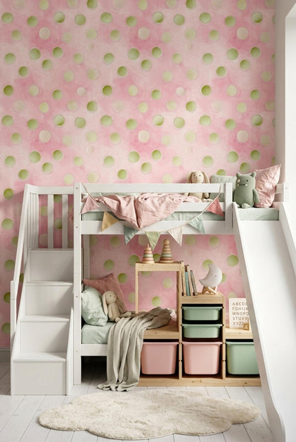Scandinavian Watercolor Polka Dot Wallpaper Pastel Nursery Pink Wall Decor