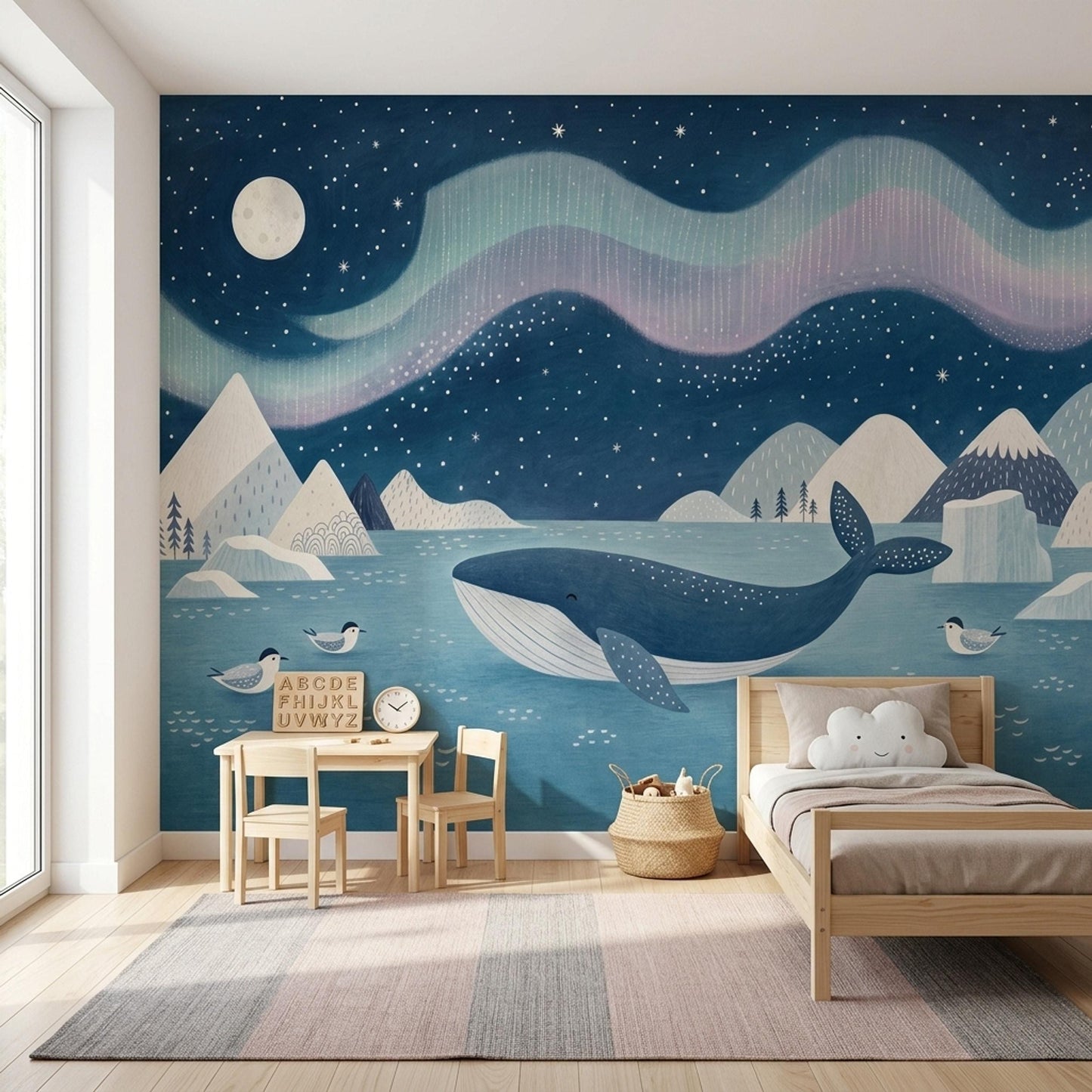 Scandinavian Whale Nursery Wall Mural Nordic Ocean Night Sky Polar Landscape Baby Room Decor