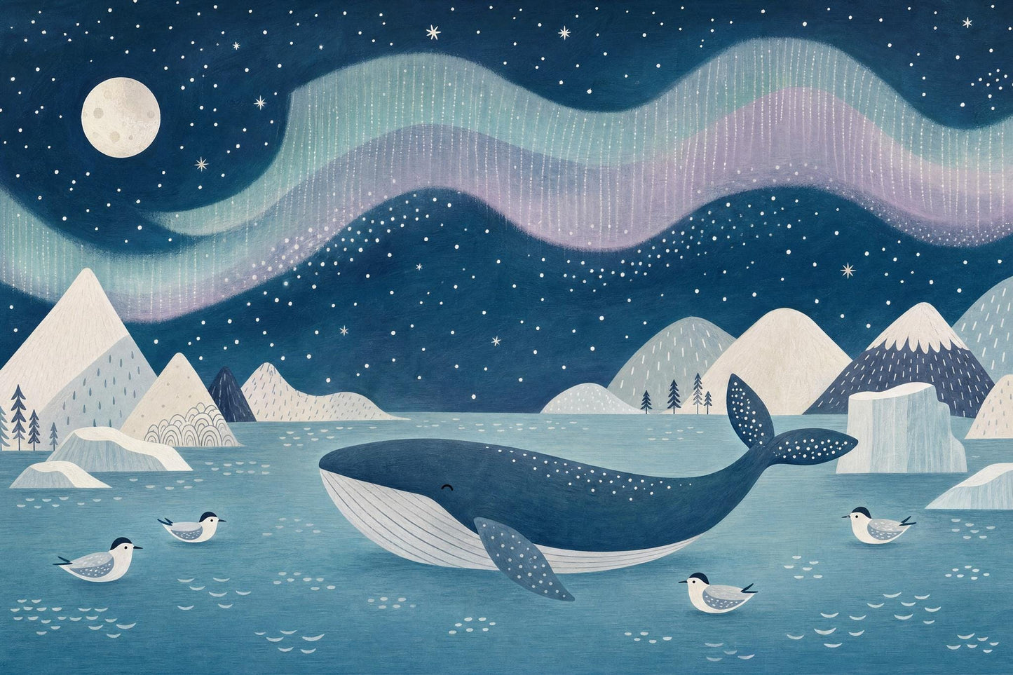 Scandinavian Whale Nursery Wall Mural Nordic Ocean Night Sky Polar Landscape Baby Room Decor