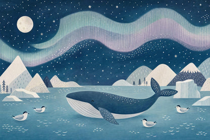 Scandinavian Whale Nursery Wall Mural Nordic Ocean Night Sky Polar Landscape Baby Room Decor
