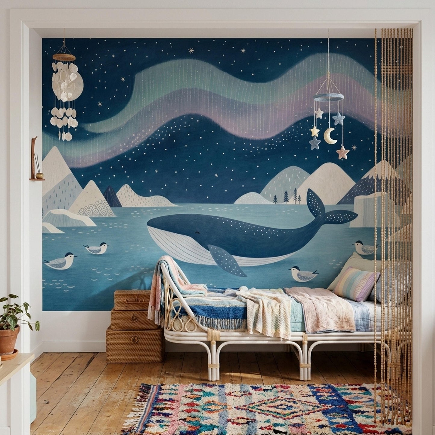 Scandinavian Whale Nursery Wall Mural Nordic Ocean Night Sky Polar Landscape Baby Room Decor