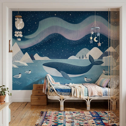 Scandinavian Whale Nursery Wall Mural Nordic Ocean Night Sky Polar Landscape Baby Room Decor