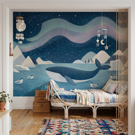 Scandinavian Whale Nursery Wall Mural Nordic Ocean Night Sky Polar Landscape Baby Room Decor