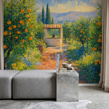 Mediterranean Citrus Orchard Wall Mural Italian Countryside Landscape Villa Wall Decor