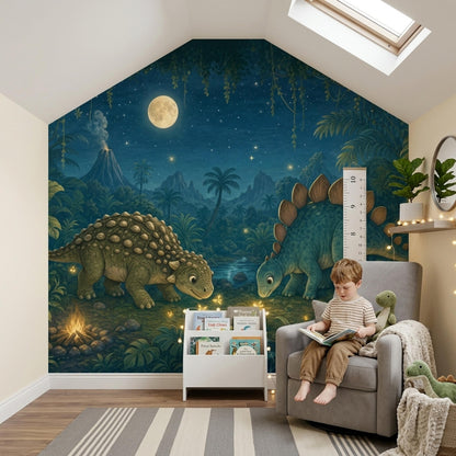 Moonlit Dinosaur Wall Mural Night Jungle Nursery Wallpaper Storybook Prehistoric Decor