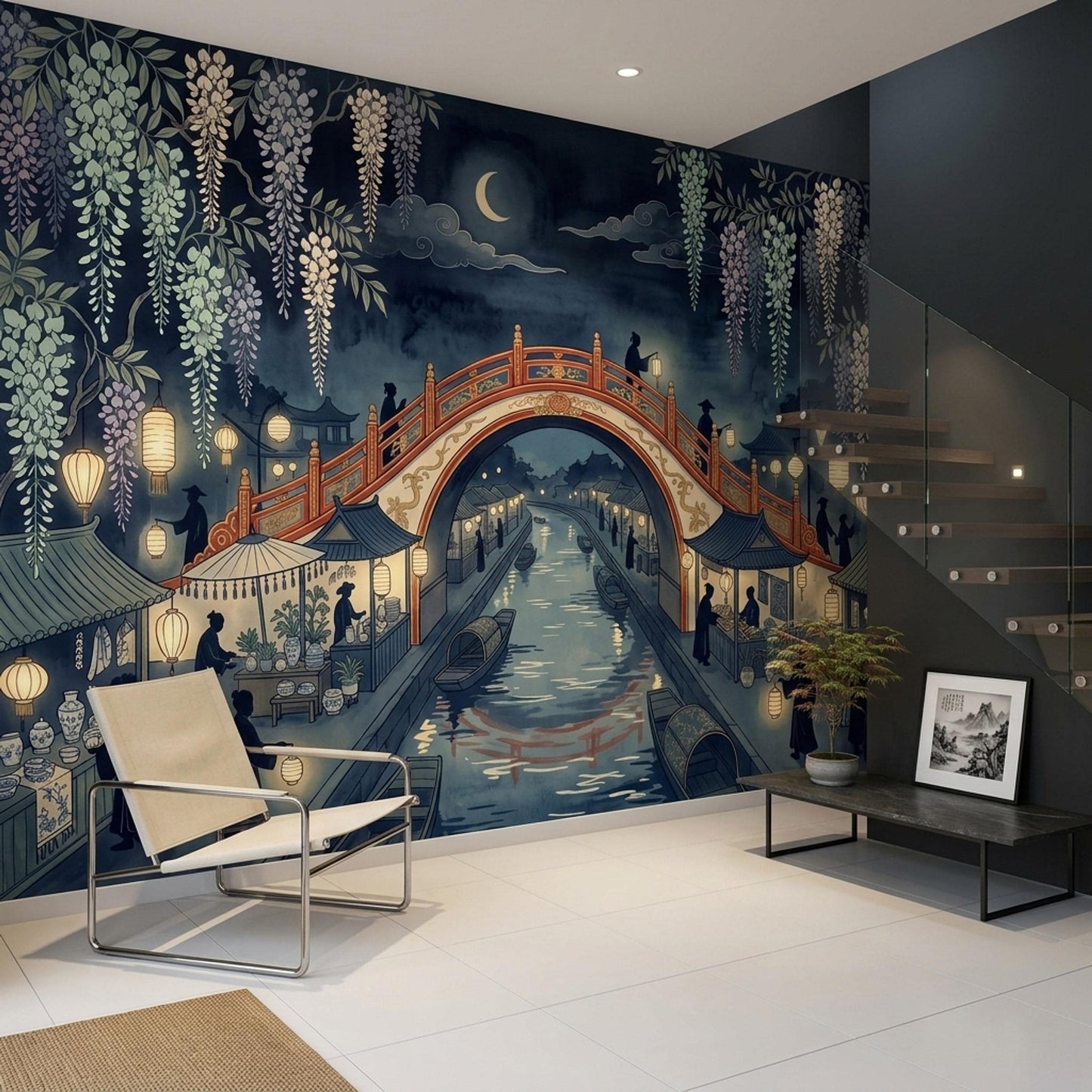 Japanese Garden Wall Mural Moonlit Canal Wisteria Asian Landscape Decor
