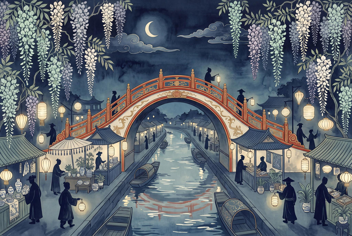 Japanese Garden Wall Mural Moonlit Canal Wisteria Asian Landscape Decor