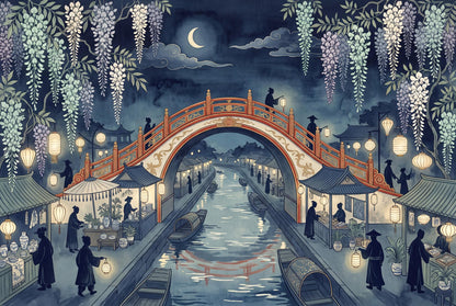 Japanese Garden Wall Mural Moonlit Canal Wisteria Asian Landscape Decor