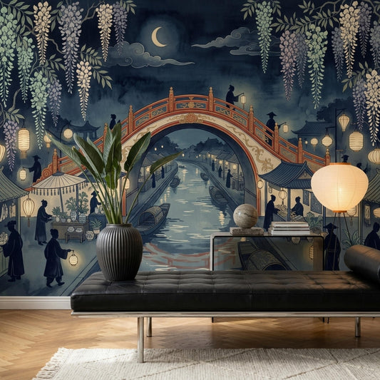 Japanese Garden Wall Mural Moonlit Canal Wisteria Asian Landscape Decor