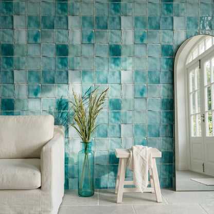 Aqua Ceramic Tile Wallpaper Coastal Mediterranean Wall Decor Blue Spanish Tile Pattern