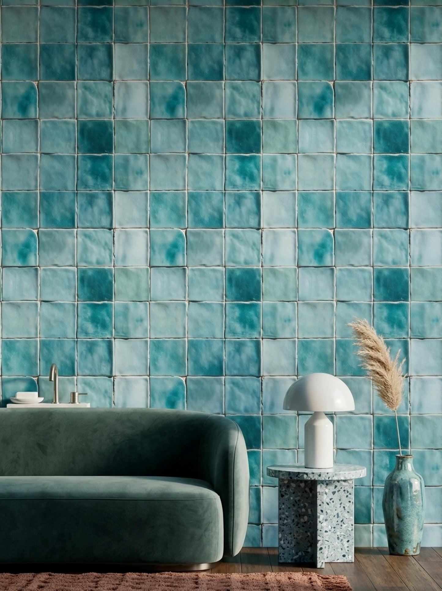 Aqua Ceramic Tile Wallpaper Coastal Mediterranean Wall Decor Blue Spanish Tile Pattern