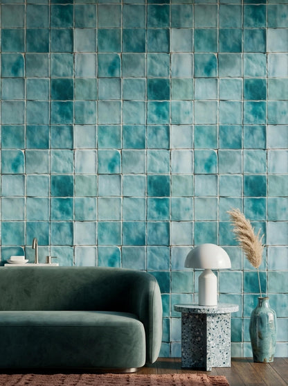Aqua Ceramic Tile Wallpaper Coastal Mediterranean Wall Decor Blue Spanish Tile Pattern