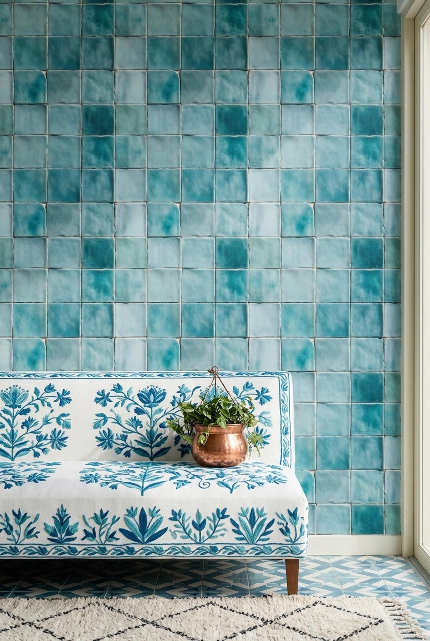 Aqua Ceramic Tile Wallpaper Coastal Mediterranean Wall Decor Blue Spanish Tile Pattern