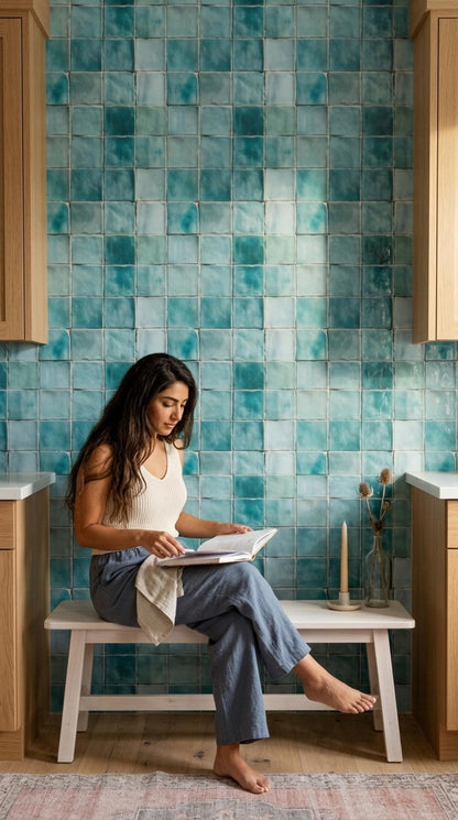 Aqua Ceramic Tile Wallpaper Coastal Mediterranean Wall Decor Blue Spanish Tile Pattern