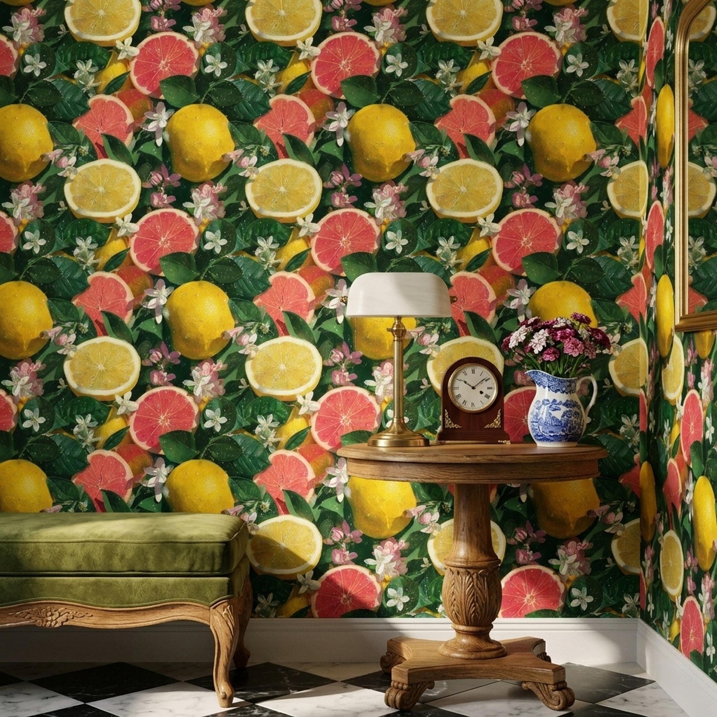 Citrus Wallpaper Lemon Grapefruit Pattern Mediterranean Fruit Wall Decor Tropical Botanical