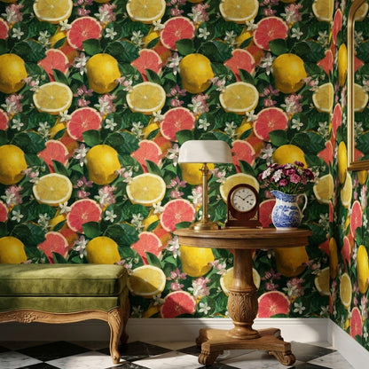 Citrus Wallpaper Lemon Grapefruit Pattern Mediterranean Fruit Wall Decor Tropical Botanical