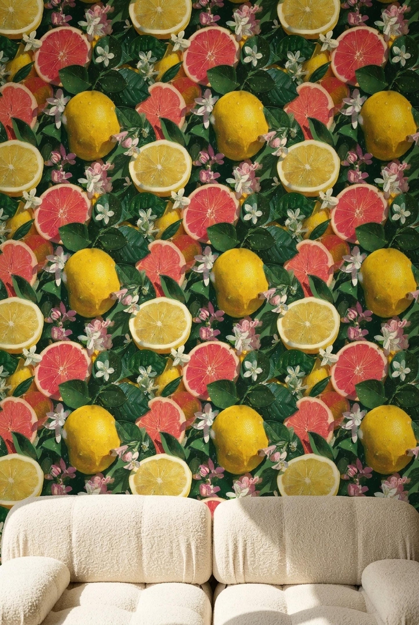 Citrus Wallpaper Lemon Grapefruit Pattern Mediterranean Fruit Wall Decor Tropical Botanical