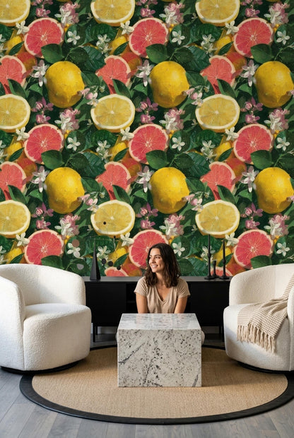 Citrus Wallpaper Lemon Grapefruit Pattern Mediterranean Fruit Wall Decor Tropical Botanical