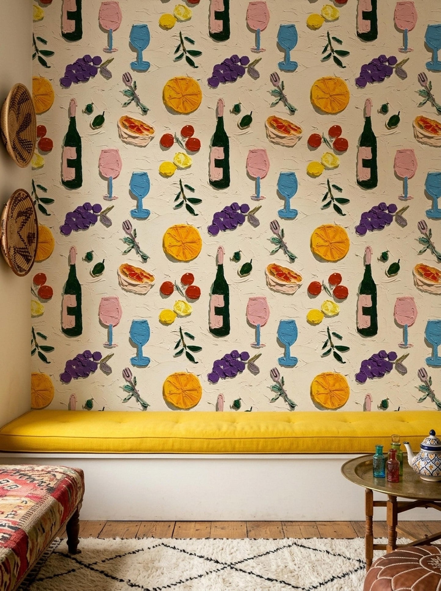 Mediterranean Wine Wallpaper Italian Bistro Pattern Vineyard Fruit Wall Decor