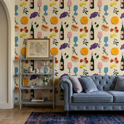Mediterranean Wine Wallpaper Italian Bistro Pattern Vineyard Fruit Wall Decor