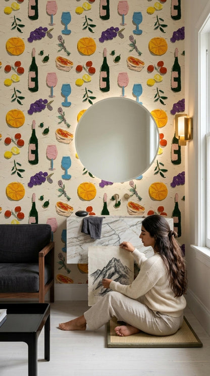 Mediterranean Wine Wallpaper Italian Bistro Pattern Vineyard Fruit Wall Decor