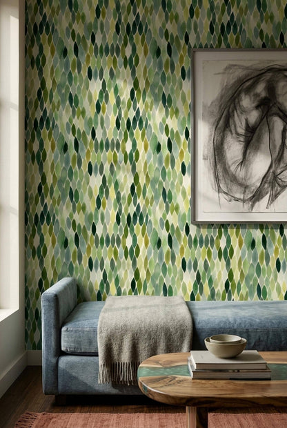 Green Leaf Mosaic Wallpaper Watercolor Geometric Pattern Botanical Wall Decor
