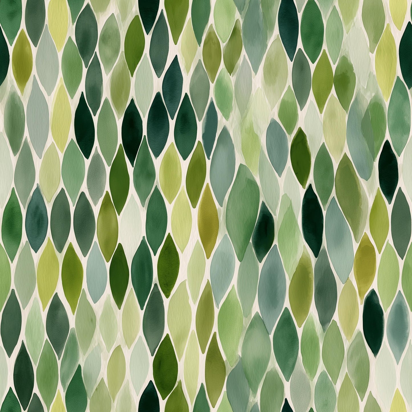 Green Leaf Mosaic Wallpaper Watercolor Geometric Pattern Botanical Wall Decor