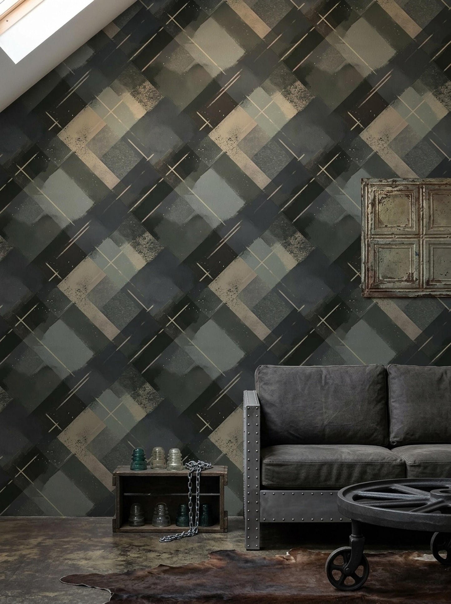 Dark Geometric Wallpaper Industrial Abstract Plaid Pattern Modern Masculine Wall Decor