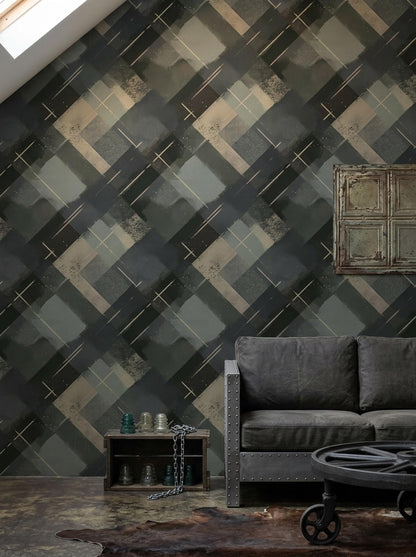 Dark Geometric Wallpaper Industrial Abstract Plaid Pattern Modern Masculine Wall Decor