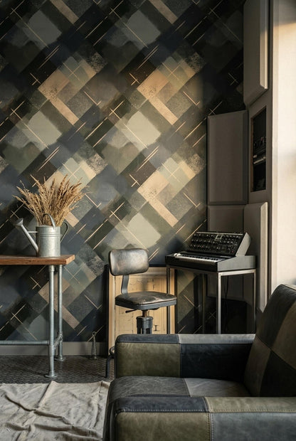 Dark Geometric Wallpaper Industrial Abstract Plaid Pattern Modern Masculine Wall Decor