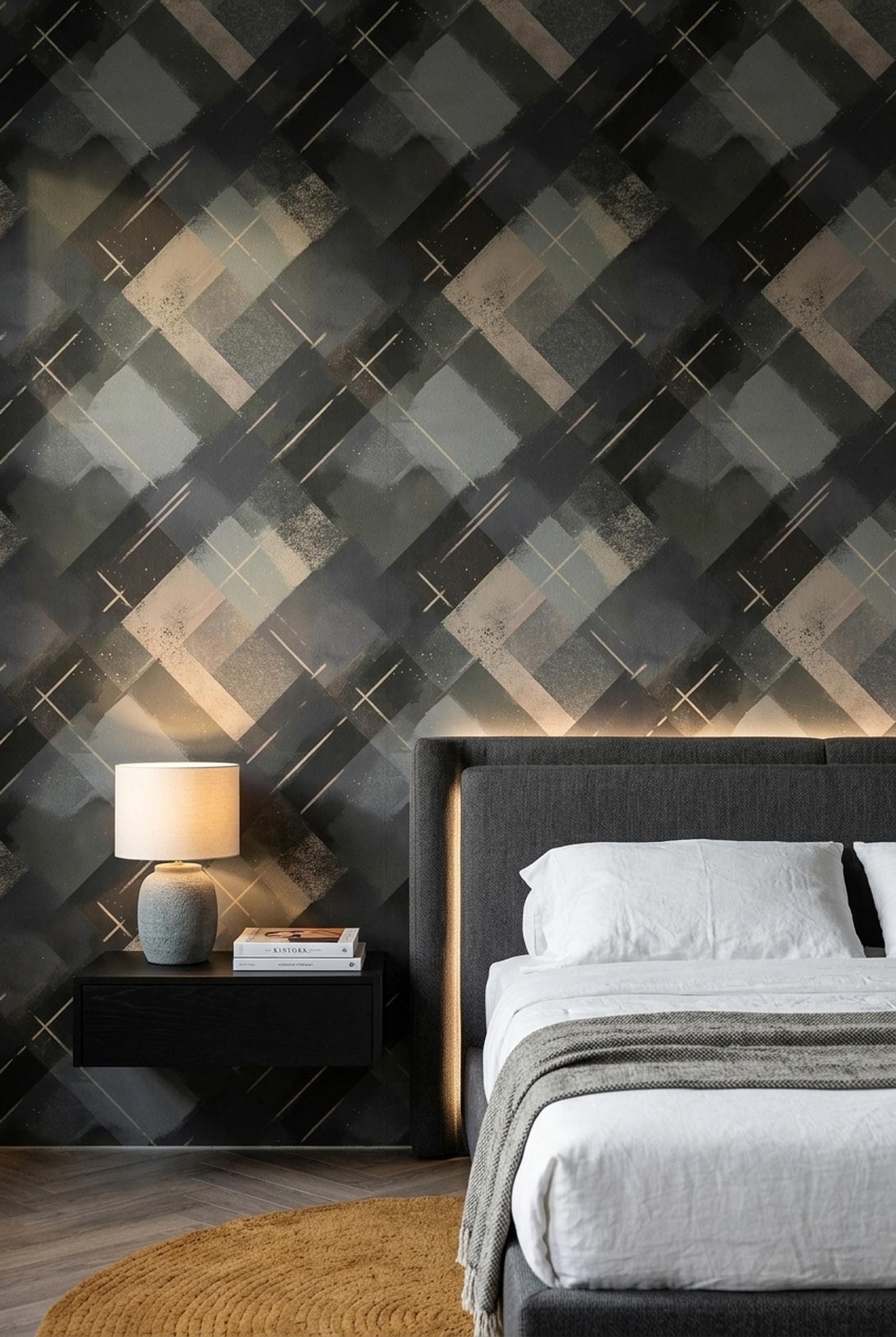 Dark Geometric Wallpaper Industrial Abstract Plaid Pattern Modern Masculine Wall Decor