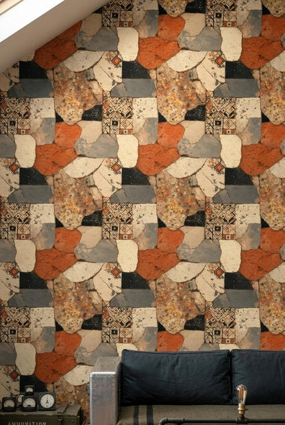 Wabi Sabi Stone Mosaic Wallpaper Terra Cotta Patchwork Organic Modern Wall Decor