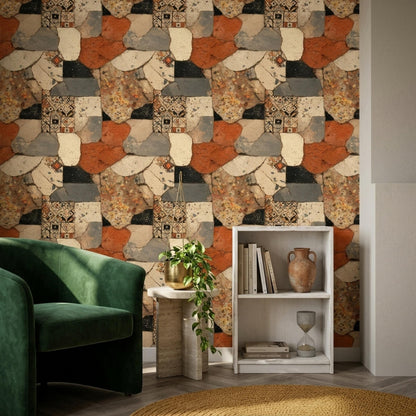 Wabi Sabi Stone Mosaic Wallpaper Terra Cotta Patchwork Organic Modern Wall Decor