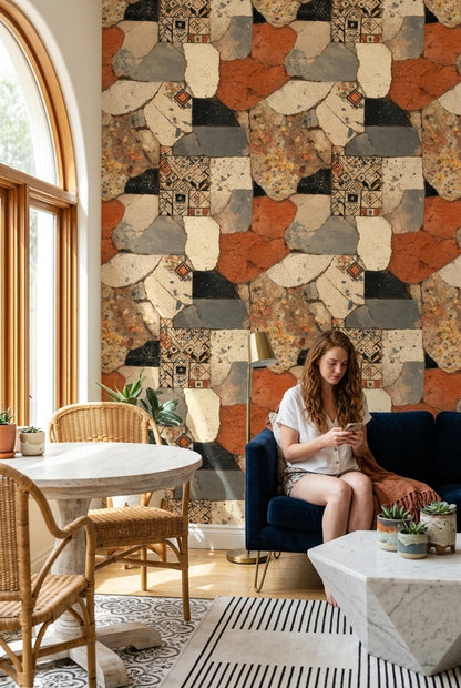 Wabi Sabi Stone Mosaic Wallpaper Terra Cotta Patchwork Organic Modern Wall Decor