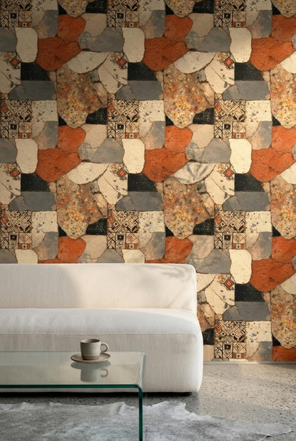 Wabi Sabi Stone Mosaic Wallpaper Terra Cotta Patchwork Organic Modern Wall Decor