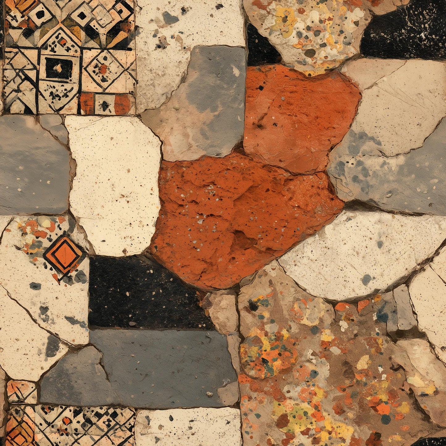 Wabi Sabi Stone Mosaic Wallpaper Terra Cotta Patchwork Organic Modern Wall Decor